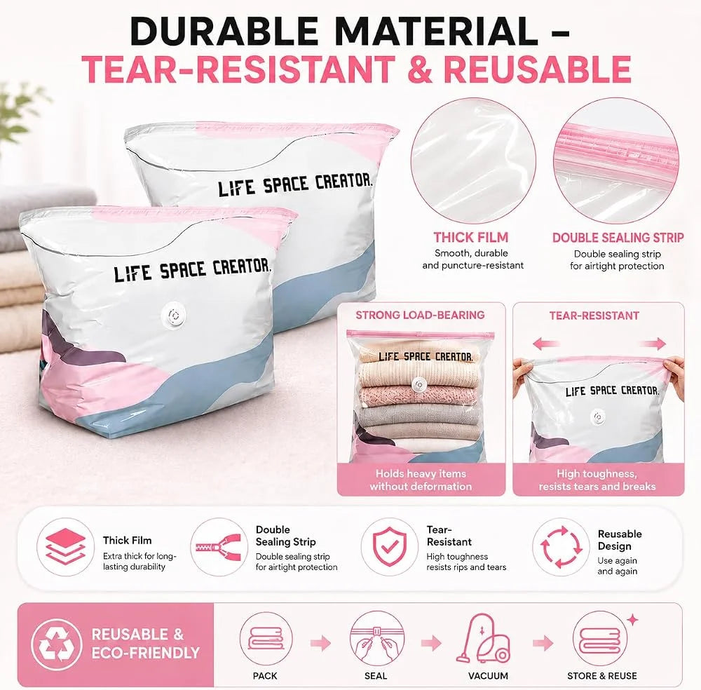 Reusable vacuum storage bags in pink and blue for durable and tear-resistant storage of items