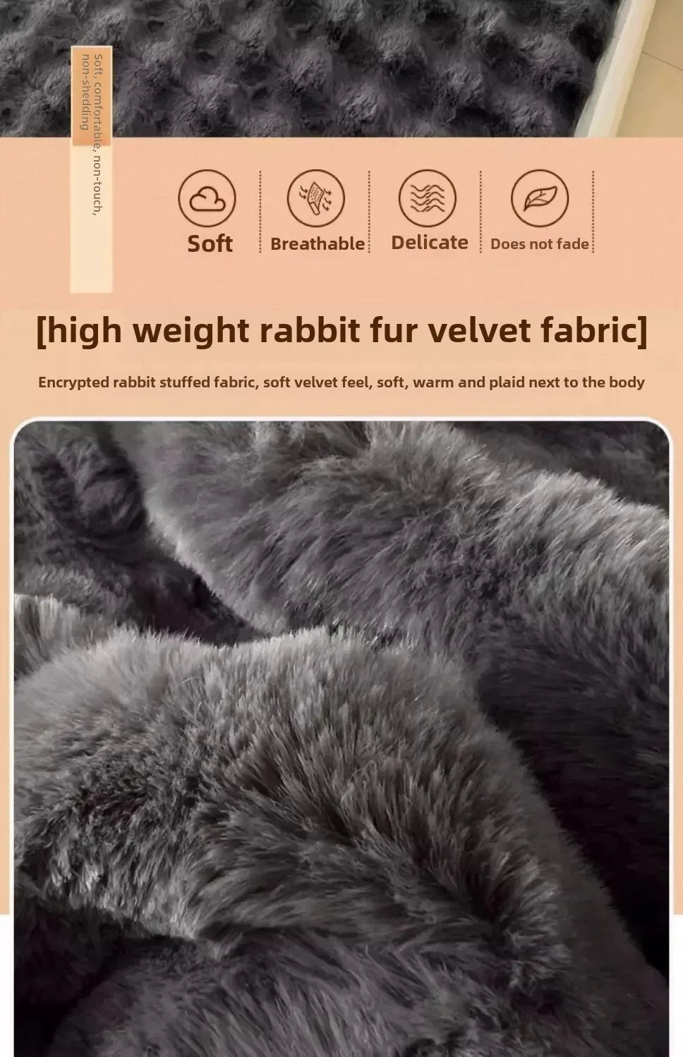 Close-up of dark gray rabbit fur velvet fabric showing soft texture and plush fibers.