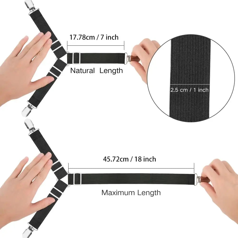 Hands demonstrate the use of non-slip bed sheet clips and holders for securing fabric.