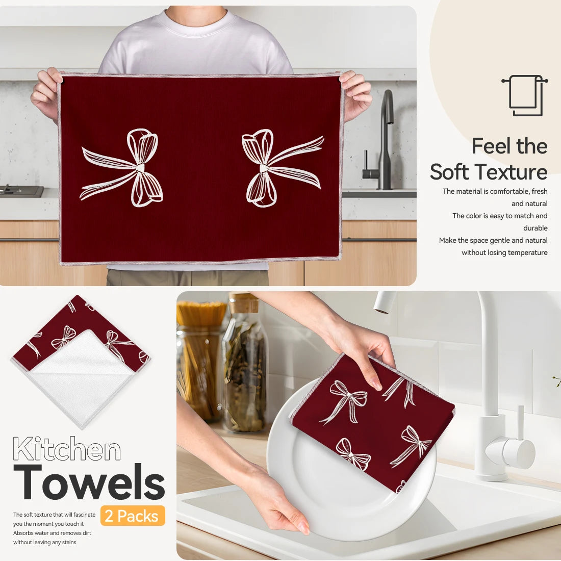 A set of two maroon kitchen towels with white bow designs being held by a person and placed on a plate.