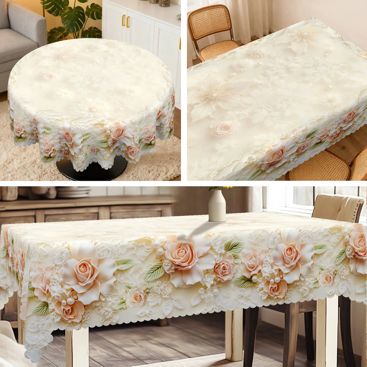 Elegant floral tablecloth with embossed edges featuring soft peach and cream roses on a round table.
