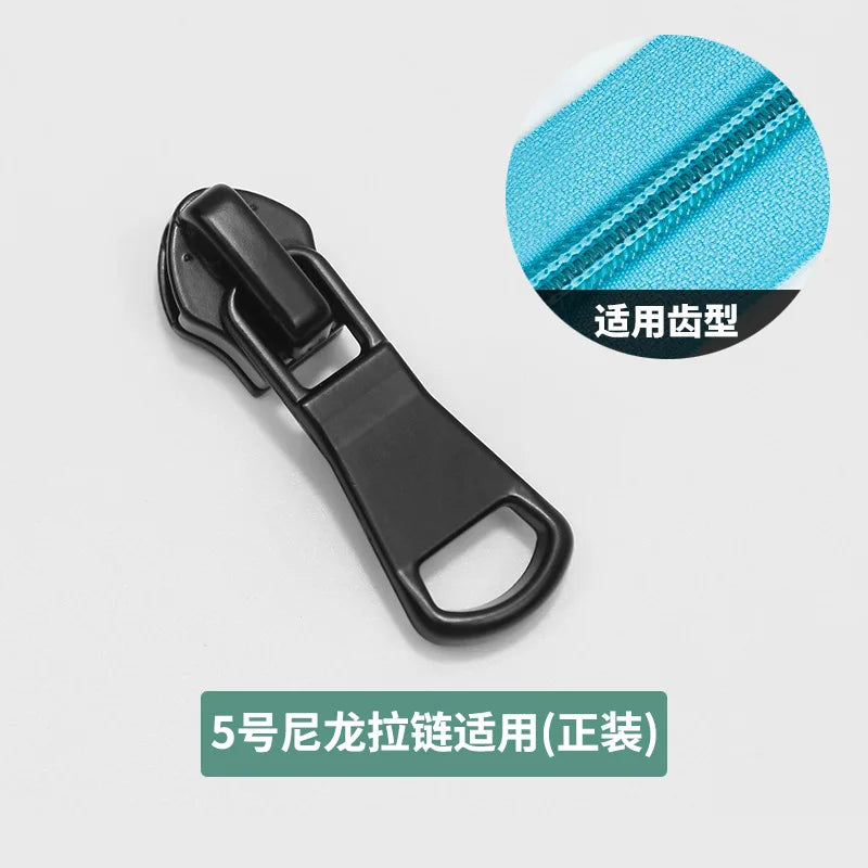 A black replacement zipper slider is shown next to a close-up of a blue fabric zipper for use in various sizes.