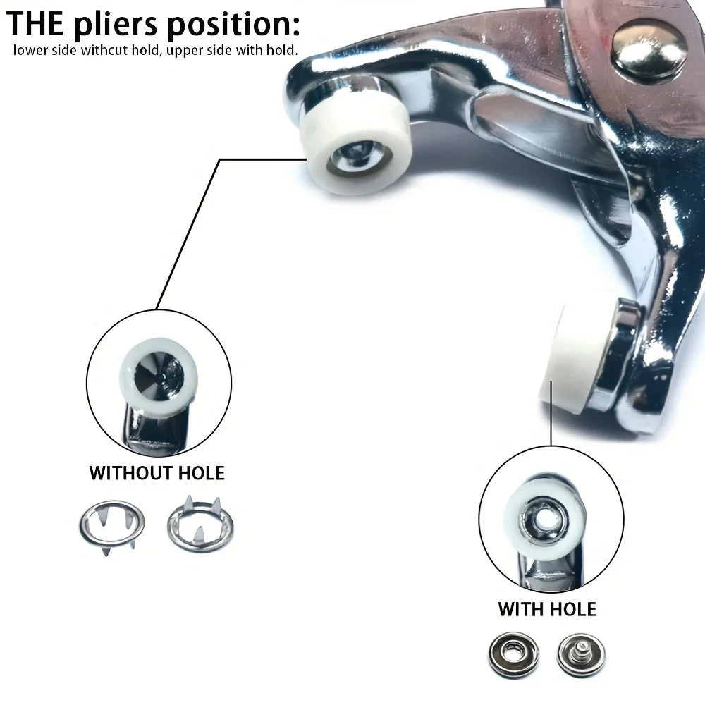 A close-up view of metal sewing buttons and snap fasteners showing positions with and without a hole.