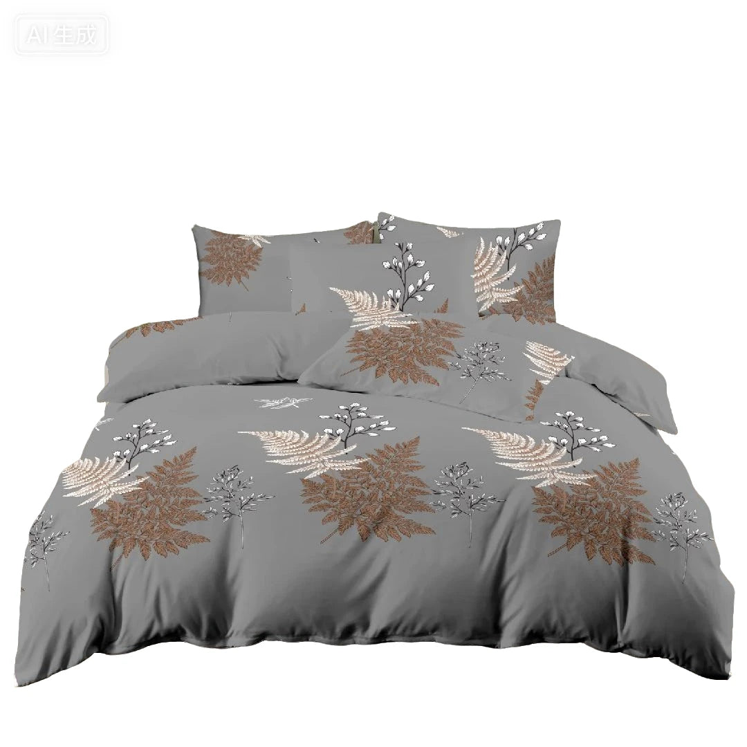 Gray duvet cover set featuring a floral plant print design with white and brown foliage patterns.