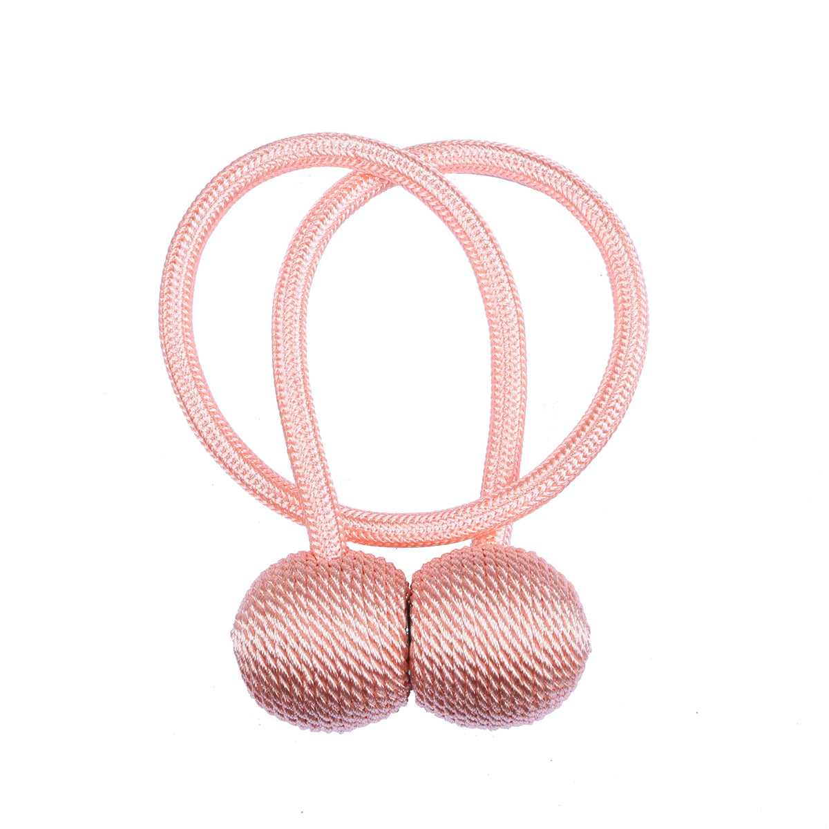Pink magnetic curtain tiebacks with looped cords and spherical ends