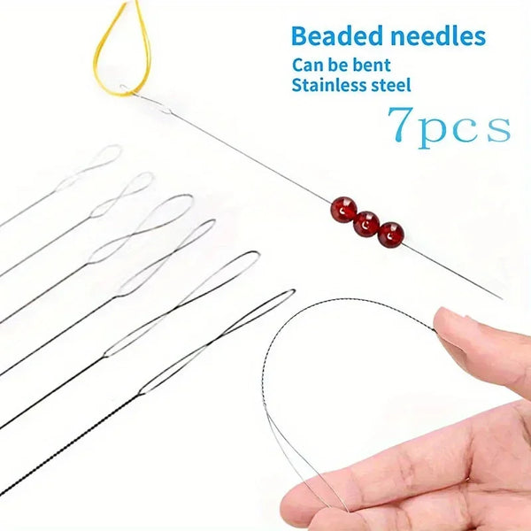 A set of seven beaded stainless steel needles for jewelry making displayed on a white background.