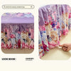 A set of three floral print bed skirts in shades of purple, pink, and cream fabric.