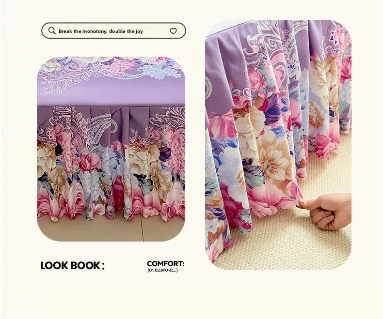 A set of three floral print bed skirts in shades of purple, pink, and cream fabric.