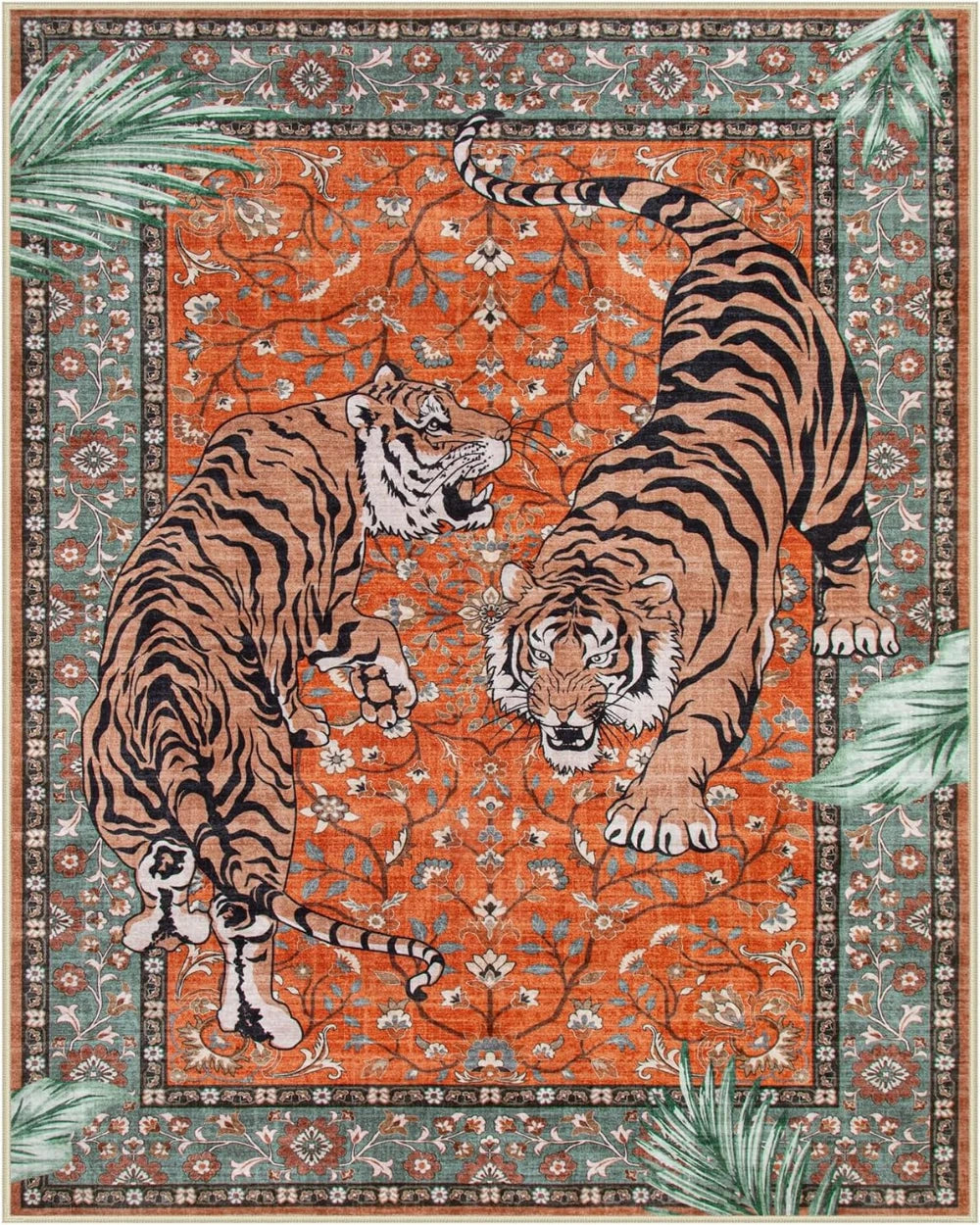 An orange and teal rug featuring a stylized tiger pattern with two tigers facing each other.