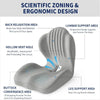 Gray ergonomic memory foam cushion designed with scientific zoning for back, lumbar, and leg support.