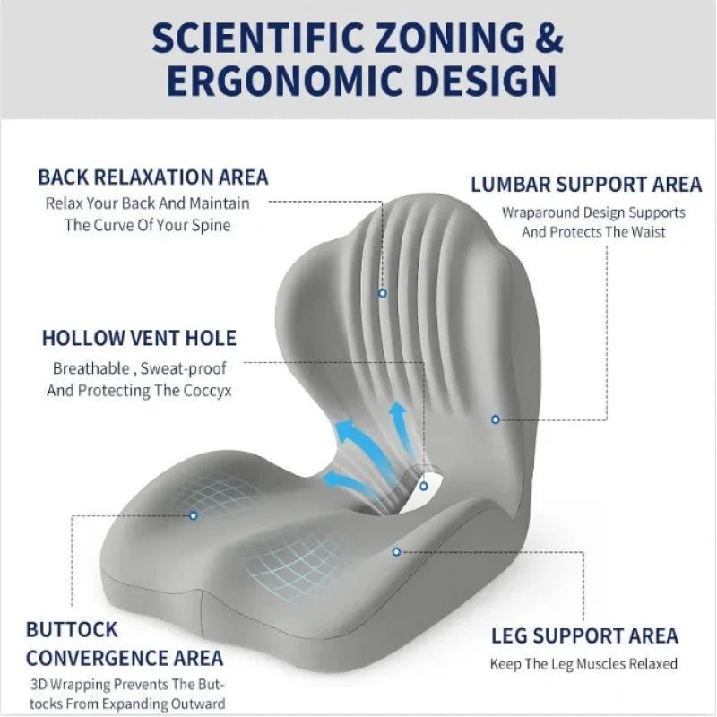 Gray ergonomic memory foam cushion designed with scientific zoning for back, lumbar, and leg support.