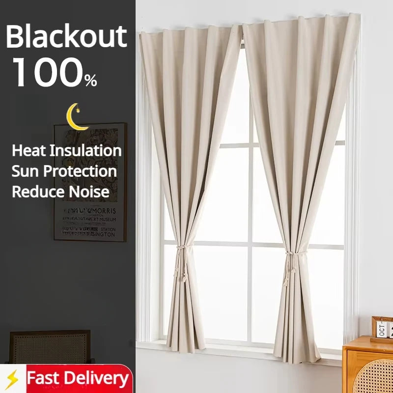 Light beige blackout curtains hanging on a window with a dark gray wall background.