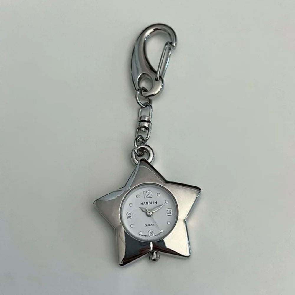 Silver star-shaped pocket watch keychain with a silver chain and adjustable clock face