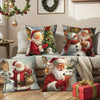 A set of two festive Christmas throw pillow covers featuring Santa Claus and a snowman on a snowy background.