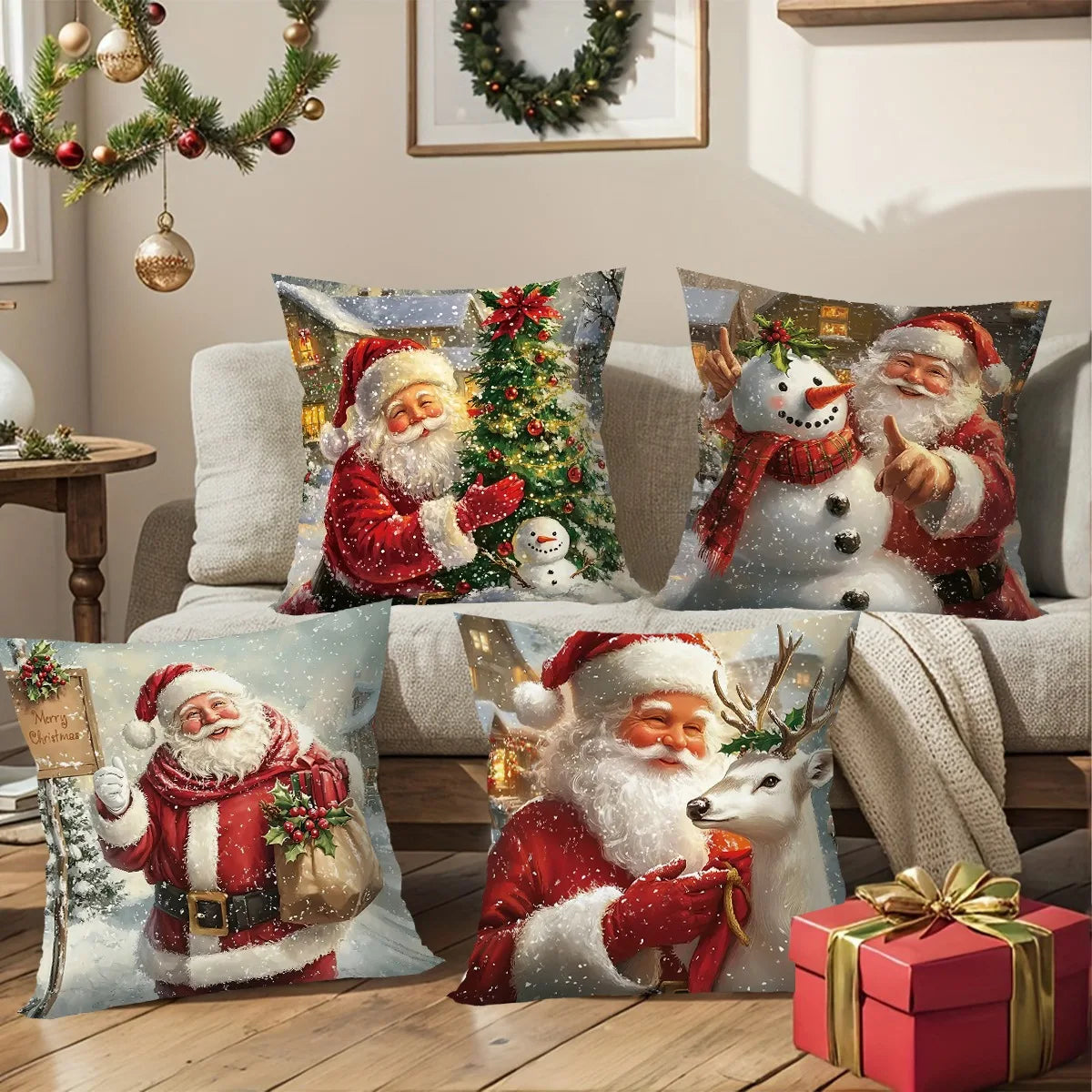 A set of two festive Christmas throw pillow covers featuring Santa Claus and a snowman on a snowy background.