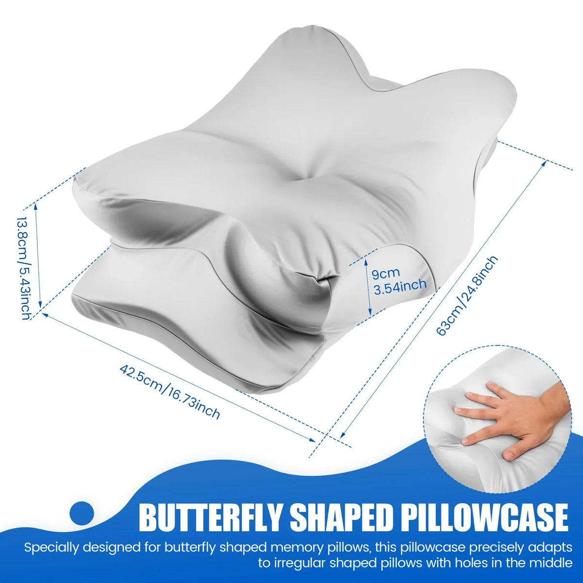 A white butterfly shaped pillowcase designed for irregular shaped pillows with holes in the middle