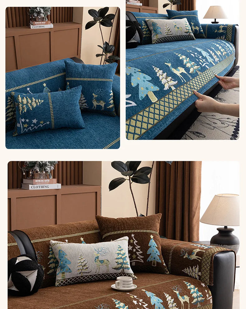 A blue sofa mat cover featuring a Christmas deer pattern with green and gold accents.
