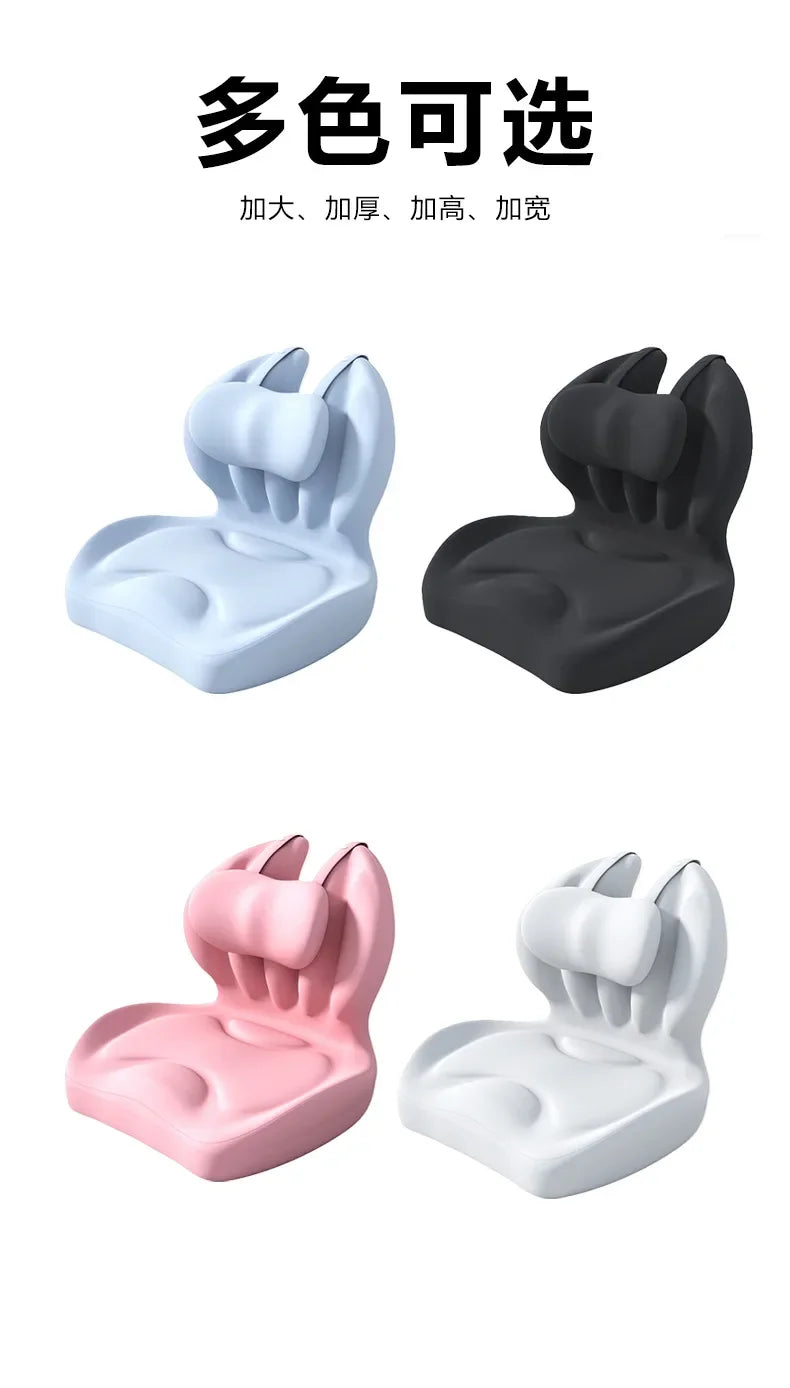 Set of four memory foam lumbar support cushions in light blue, black, pink, and white.