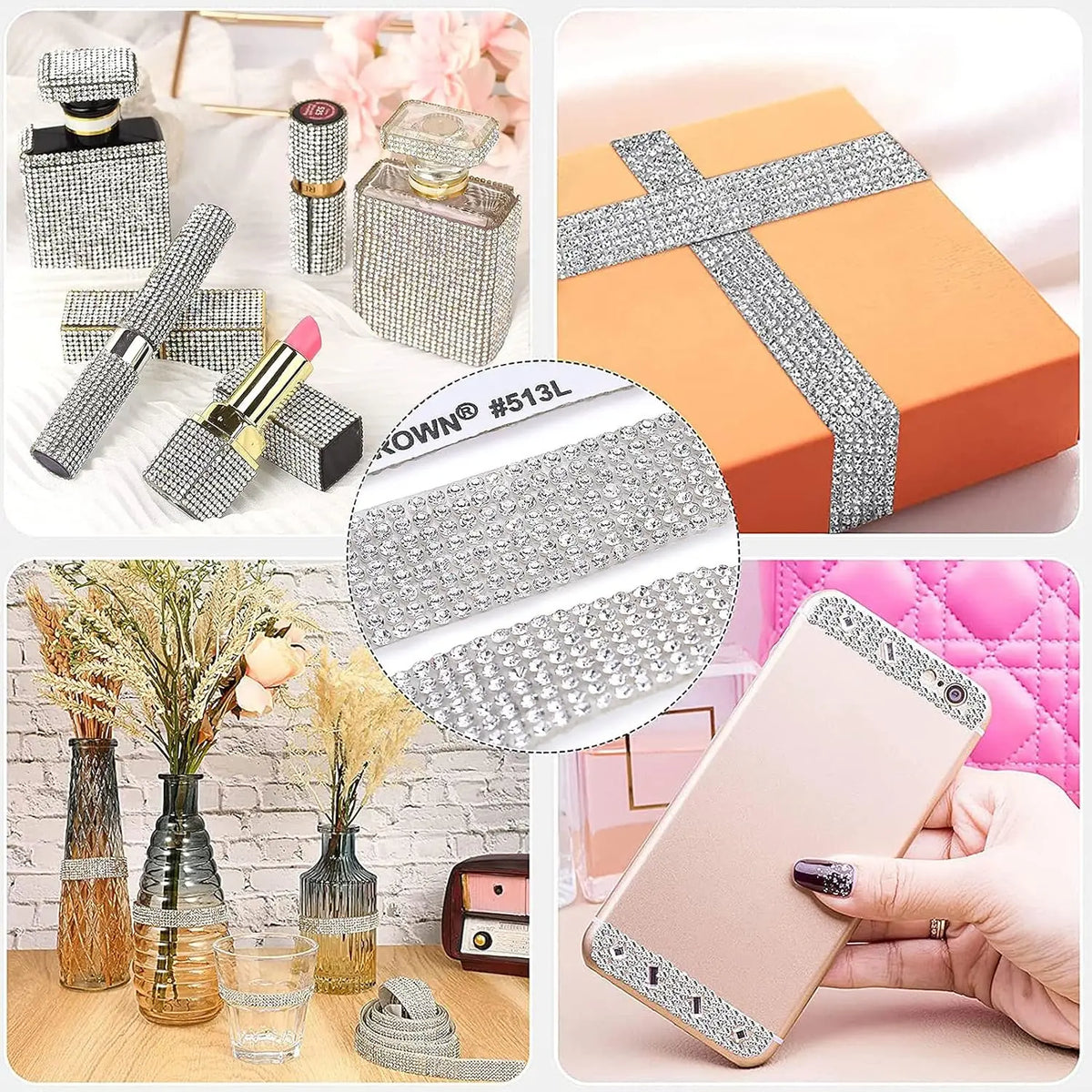 A collection of crystal rhinestone ribbon and craft tools, including a ribbon on an orange gift box and a pink smartphone cas