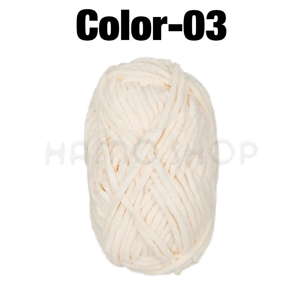 A ball of white soft velvet chenille yarn labeled Color-03 for crafting.