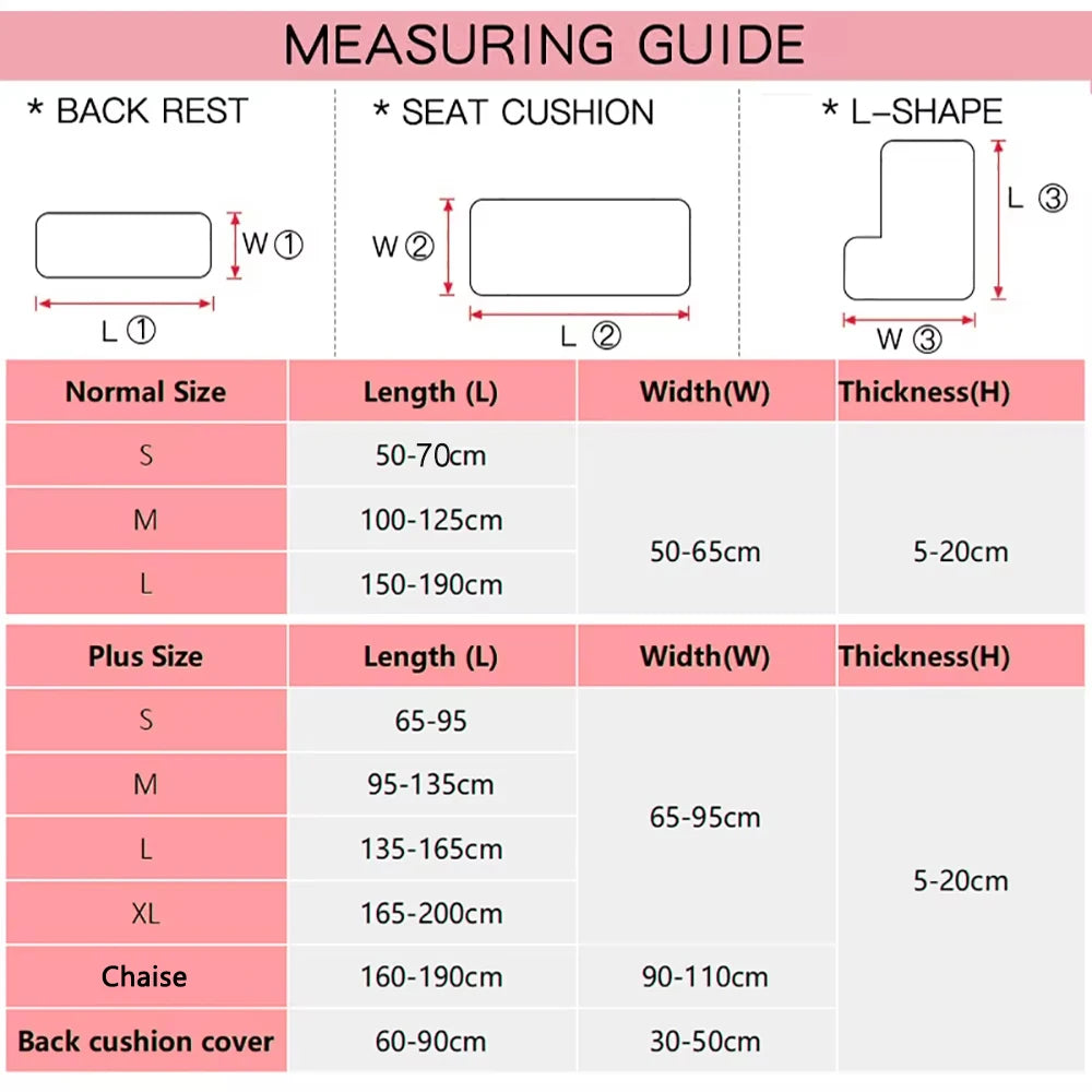 Measuring guide for sofa seat covers showing dimensions for different sizes including normal, plus, and chaise.