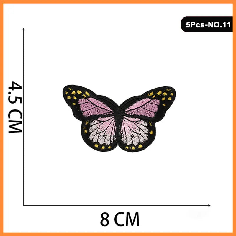 Set of 5 embroidered iron-on patches featuring pink and yellow butterfly designs