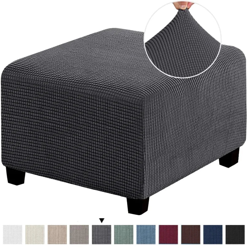 A square jacquard footrest ottoman slipcover shown with various fabric color options.