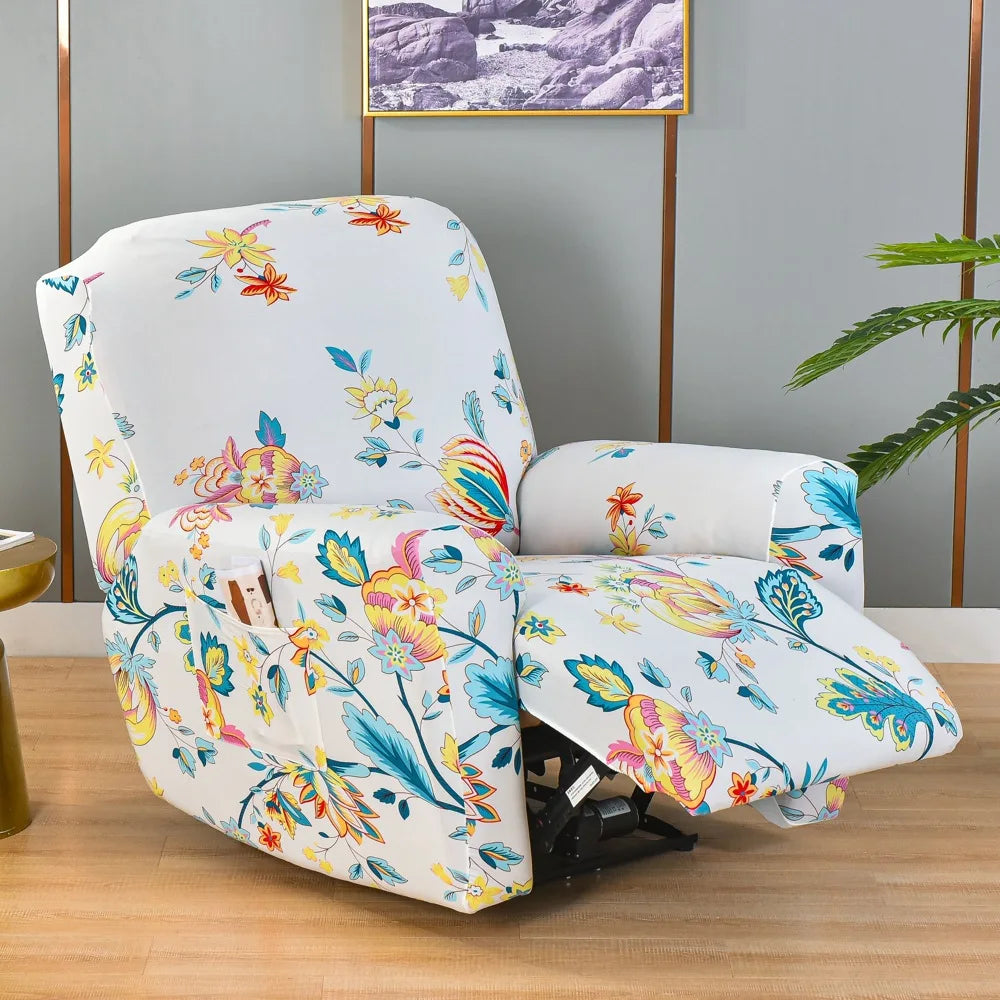 Floral print recliner and sofa slipcover set in white with yellow, orange, and blue botanical patterns.