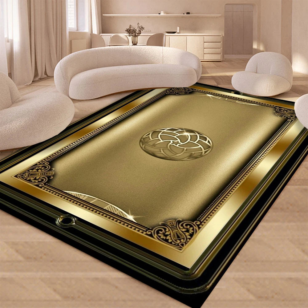 A modern geometric soft area rug with a gold border and an embossed sphere design placed on a wooden floor.