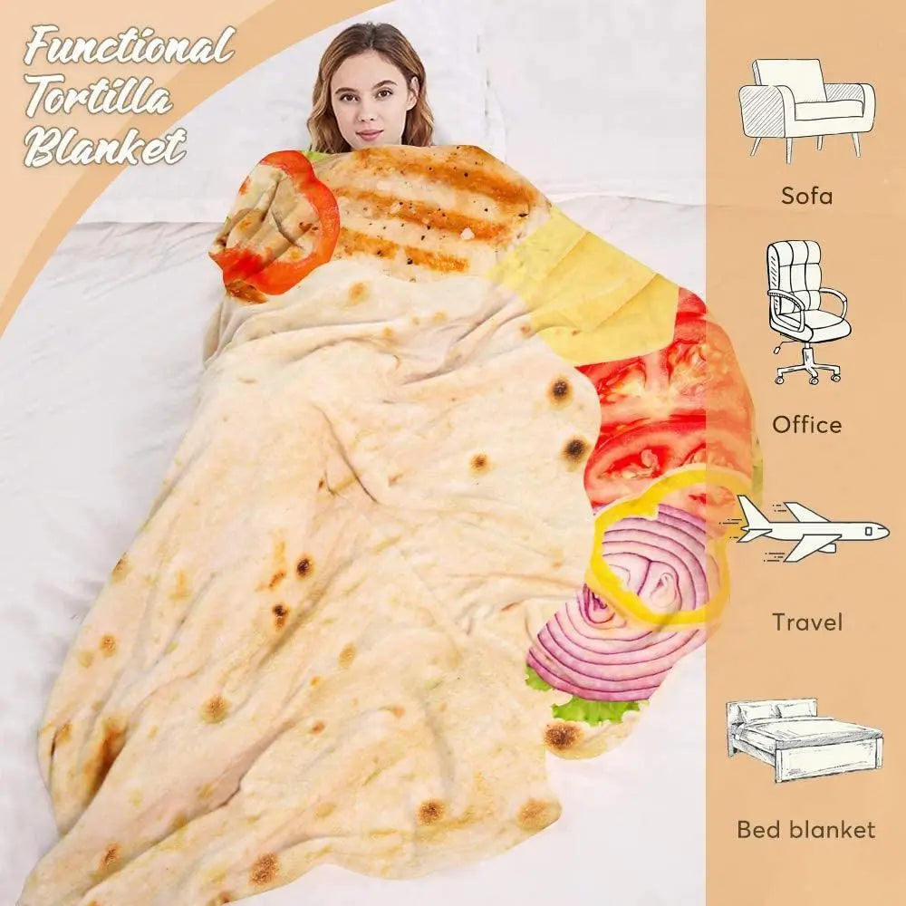 A light-colored tortilla blanket draped over a bed, with icons indicating uses like sofa, office, travel, and bed blanket.