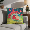 A decorative pillow cover featuring a cartoon illustration of several red ponies with pink and orange accents against a blue 
