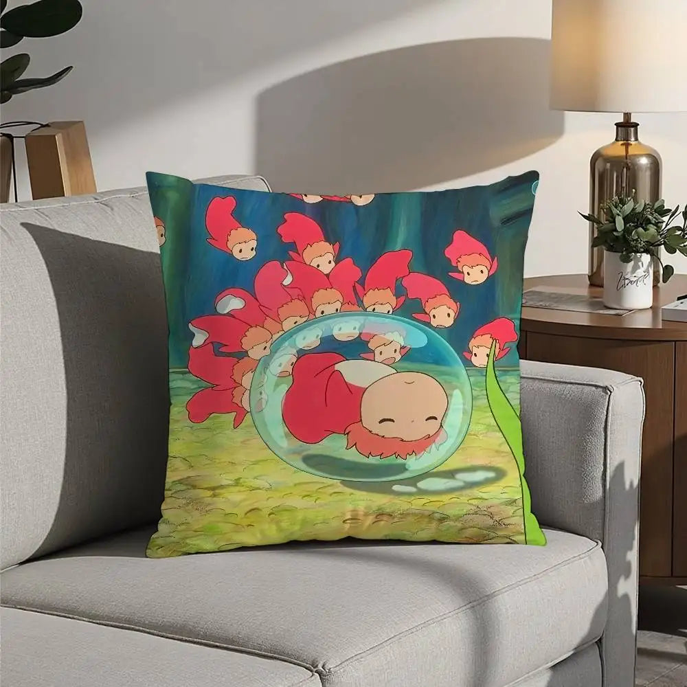 A decorative pillow cover featuring a cartoon illustration of several red ponies with pink and orange accents against a blue 