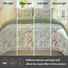 A leaf floral duvet cover set displayed in dim, warm, cold, and natural light settings.