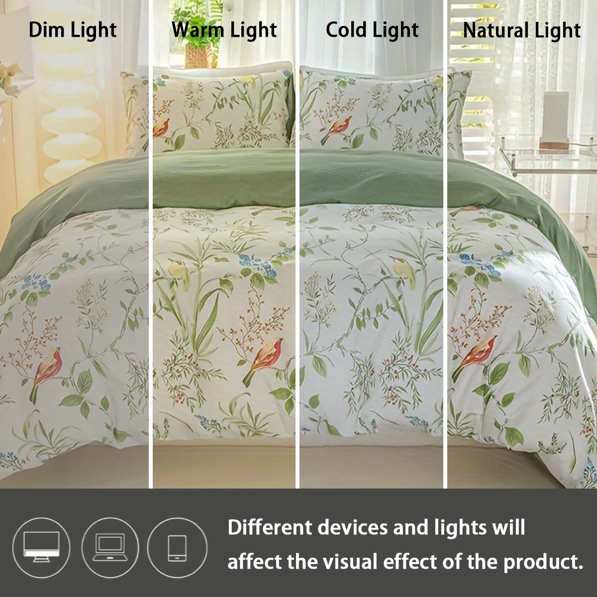 A leaf floral duvet cover set displayed in dim, warm, cold, and natural light settings.