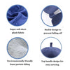 Close-up views of a blue plush fabric, foam particles, and a top handle design for a travel neck pillow.