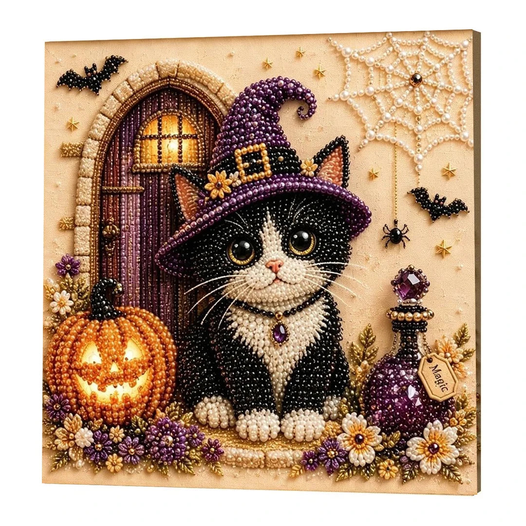Diamond painting kit featuring a black cat with purple accents and an orange pumpkin on a canvas.