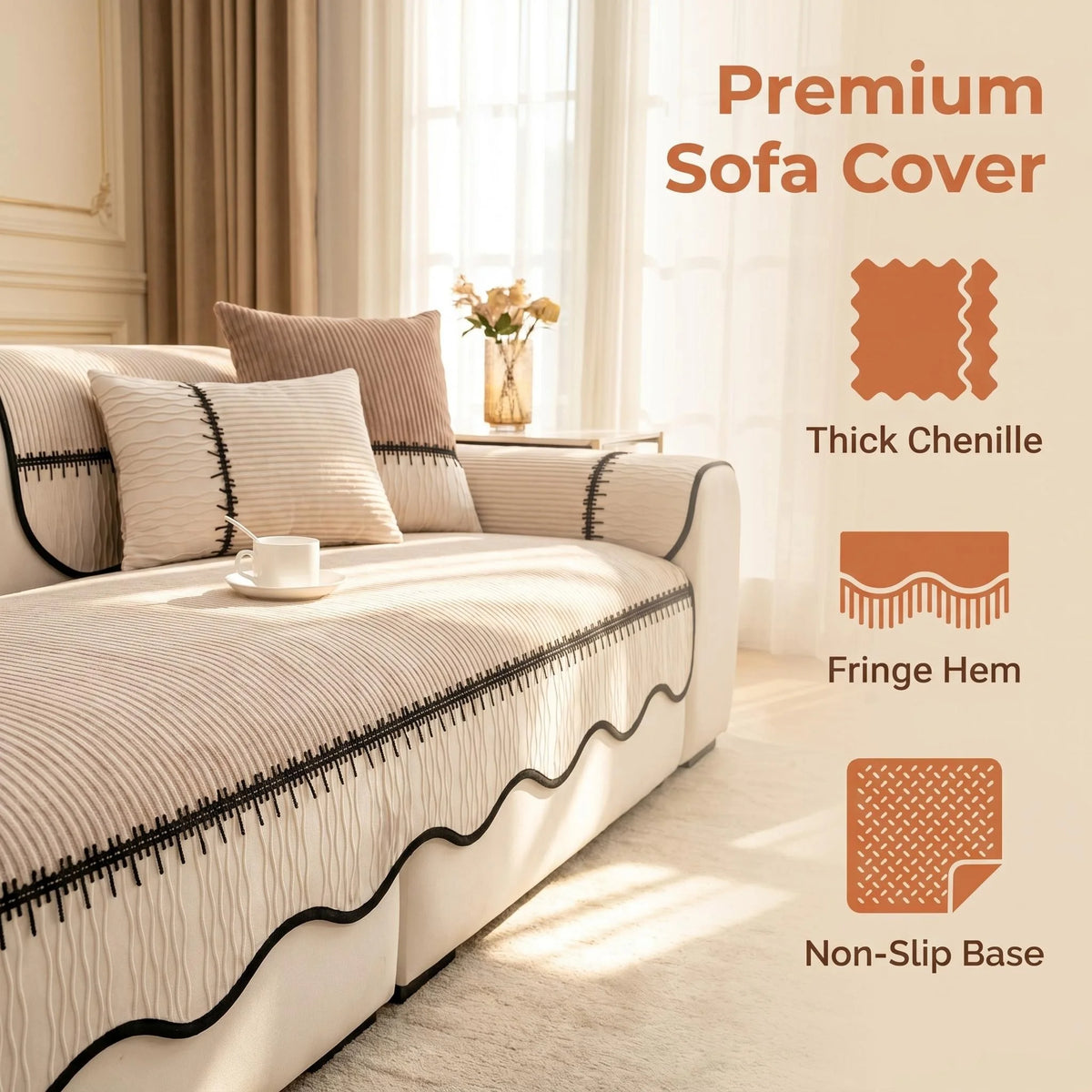 A premium sofa cover featuring a striped chenille fabric with a fringe hem and non-slip base.