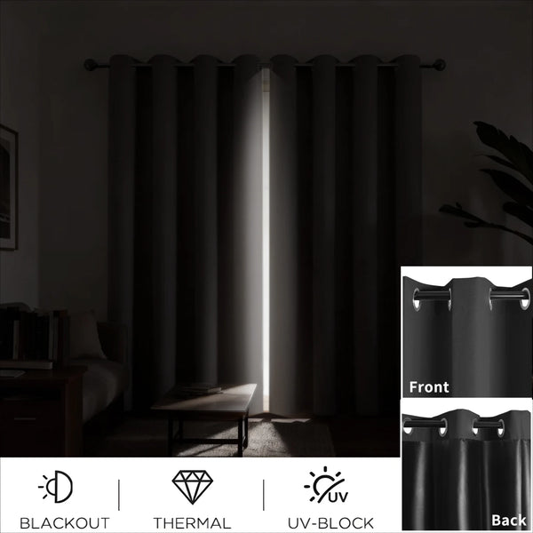 Blackout thermal window drapes shown in a dark room with a vertical light strip detail.