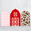 Three vertical fabric panels in pink gingham, red barn style, and brown cow print for a party backdrop.