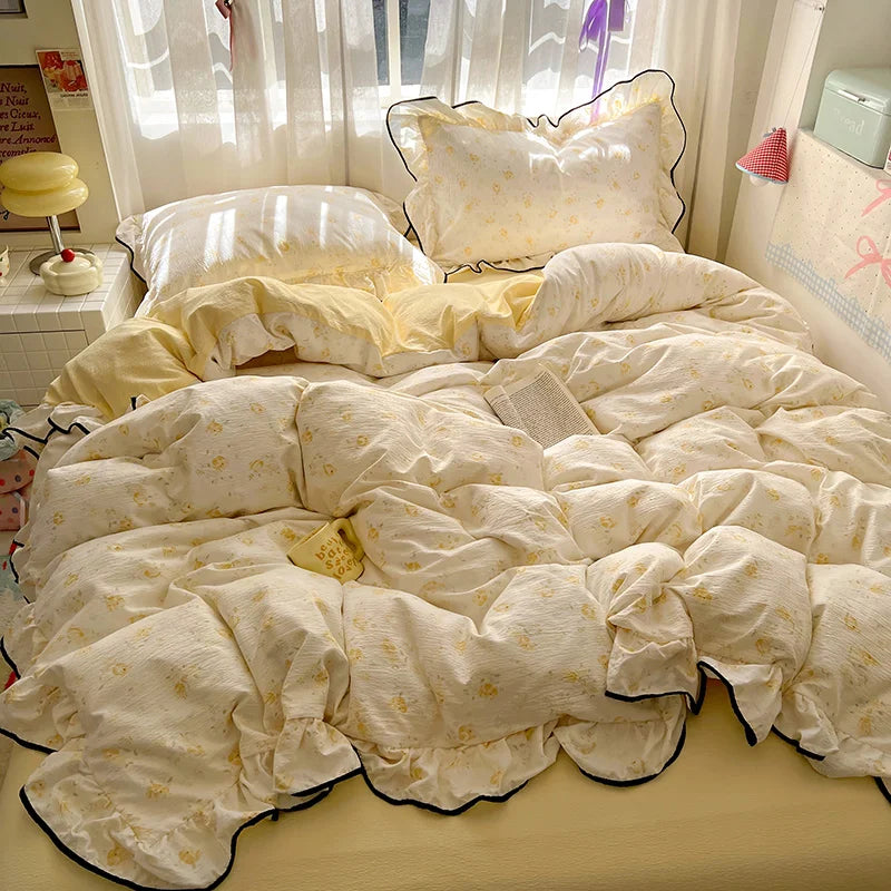 A floral bedding set featuring cream and yellow patterned duvet covers and pillows.