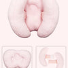Pink quilted baby head and neck support pillow for strollers and car seats shown in multiple views