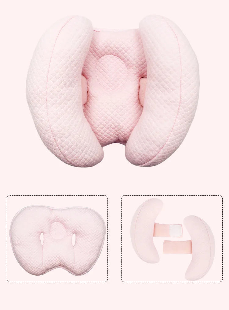 Pink quilted baby head and neck support pillow for strollers and car seats shown in multiple views