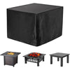 Black waterproof fire pit cover with drawstring and accompanying wooden fire pit accessories