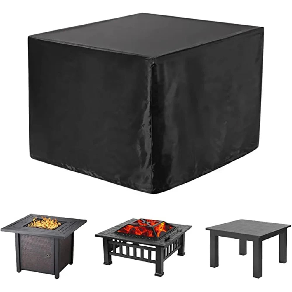 Black waterproof fire pit cover with drawstring and accompanying wooden fire pit accessories