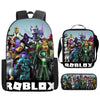 A black backpack featuring various Roblox characters and graphics on the front and a matching pouch.
