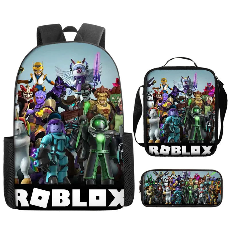 A black backpack featuring various Roblox characters and graphics on the front and a matching pouch.