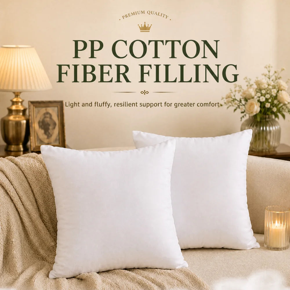 White PP cotton fiber filling for pillows shown on a sofa with decorative lighting.