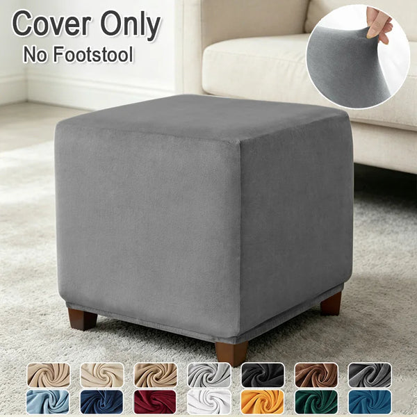 A gray velvet ottoman slipcover shown on a light carpet, with various fabric color options displayed below.