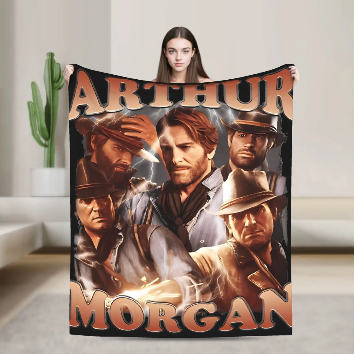 A poster featuring characters from Red Dead Redemption, including Arthur and Morgan, displayed by a woman.