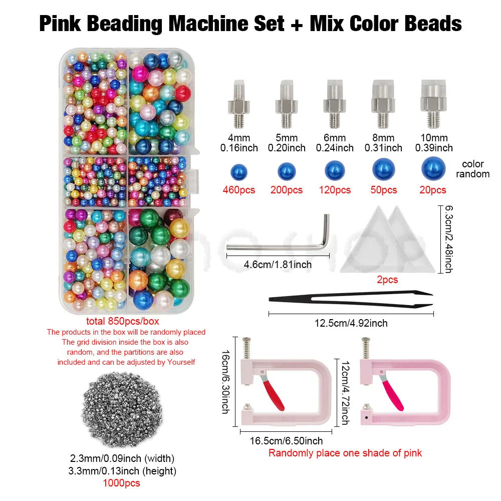 Pink beading machine set with mixed color beads and various sized beads for craft projects